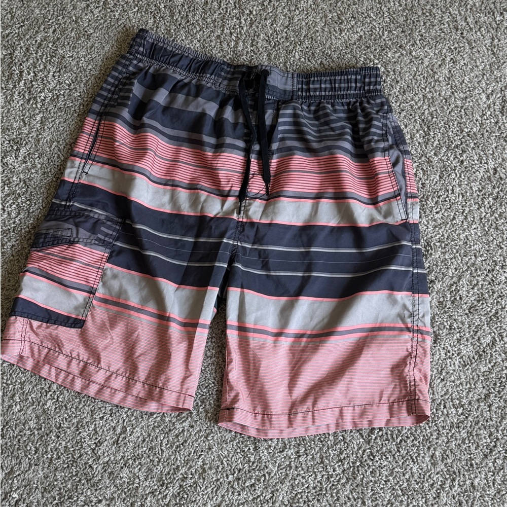 Pink and Gray Striped Swim Trunks with Quick-Dry Fabric